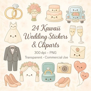 May include: A collection of 24 Kawaii wedding stickers and cliparts. The image features illustrations of wedding rings, a bouquet, a cake, a car, champagne glasses, a dress, a suit, an arch, a ring box, a camera, balloons, and shoes.