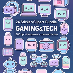 Könnte beinhalten: Eine Sammlung von 24 Aufklebern und Cliparts mit Gaming- und Tech-Designs. Die Illustrationen umfassen einen Gamecontroller, einen Joystick, eine Handheld-Konsole, ein VR-Headset, einen Laptop, einen Computermonitor, ein Smartphone, eine Maus, einen USB-Stick, eine Smartwatch, eine Kamera, eine Drohne und mehr.