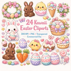 Peut inclure: Une collection de 24 cliparts Kawaii de Pâques aux couleurs pastel. L'image présente des lapins, des poussins, des œufs décorés, des fleurs et des bonbons. Le texte indique "24 Kawaii Easter Cliparts", "300 DPI", "PNG", "Transparent", et "Commercial Use".