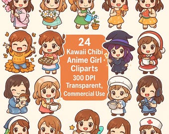 24 Kawaii Chibi Anime Girl Cliparts | PNG Stickers, 300 DPI, Transparent Background, Commercial Use