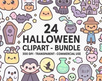 24 Halloween Clipart Bundle | Cute Kawaii Stickers PNG | 300 DPI Transparent | Digital Download