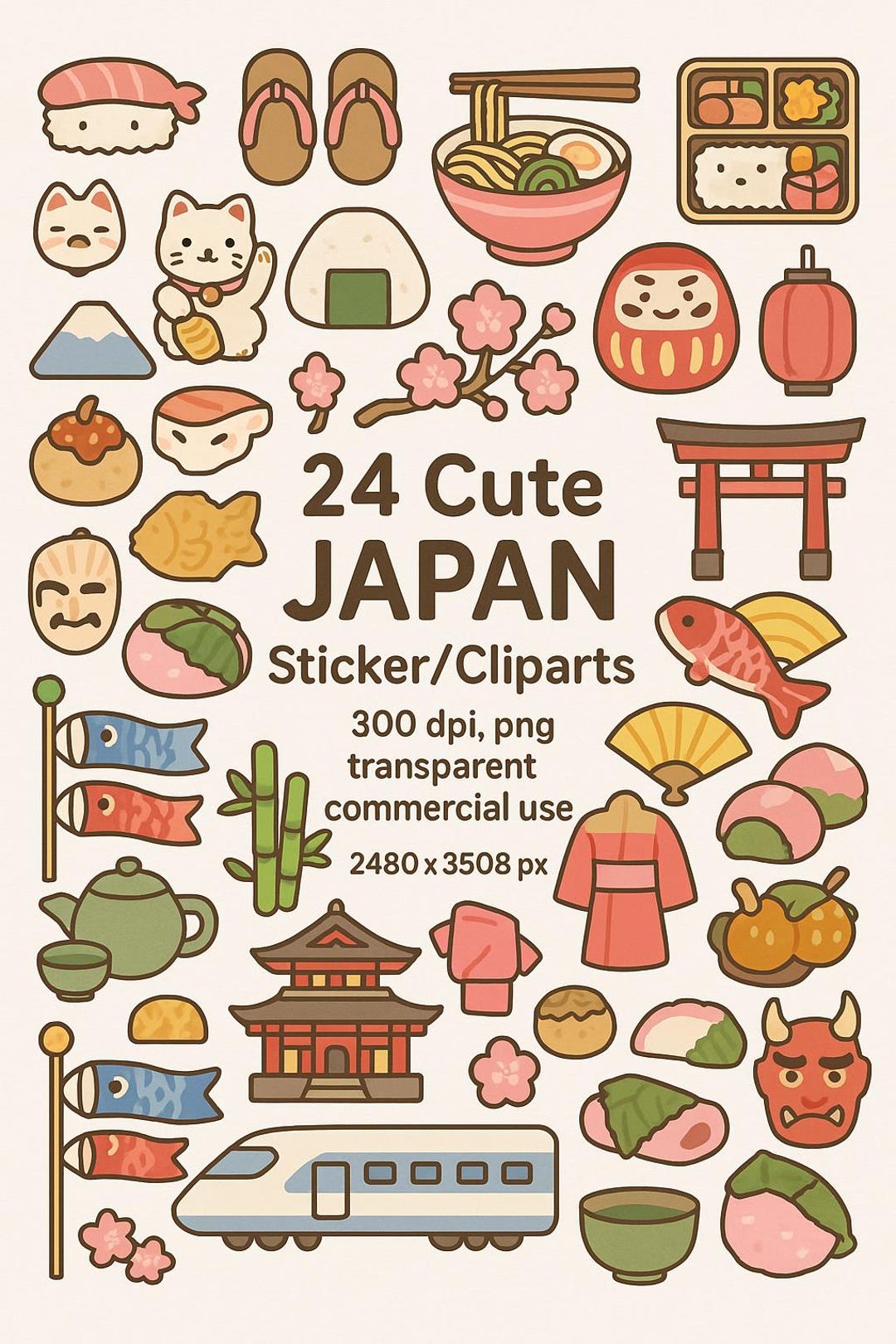 24 Japan Clipart Bundle | Cute Kawaii Stickers PNG | 300 DPI