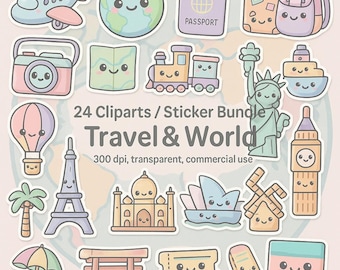 Paquete de 24 imágenes prediseñadas de viajes y el mundo | Pegatinas de viaje kawaii PNG | 300 DPI transparente | Descargas digitales