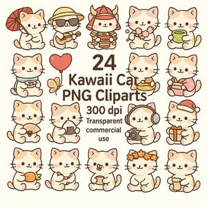 24 Cute Kawaii Cat Clipart PNG Bundle – 300 DPI Transparent Background – Digital Download for Commercial Use