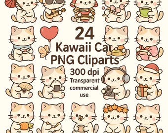 Paquete de 24 imágenes PNG de gatos kawaii adorables (fondo transparente de 300 DPI) - Descarga digital para uso comercial