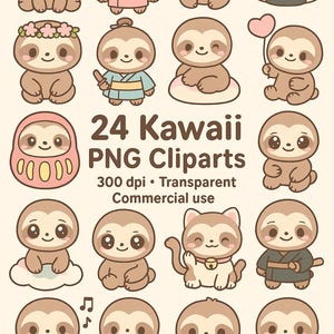 24 imágenes PNG de perezosos kawaii | Ilustraciones de perezosos adorables | Fondo transparente | 300 dpi | Uso comercial