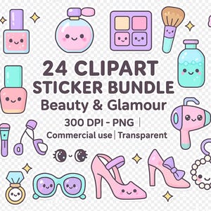 Puede incluir: Un conjunto de 24 pegatinas de imágenes prediseñadas con temática de belleza y glamour. Las pegatinas incluyen lápiz labial, esmalte de uñas, perfume, maquillaje, un pincel, botellas, un espejo, un secador de pelo, tacones altos y un bolso. El texto dice "24 CLIPART STICKER BUNDLE Beauty & Glamour".