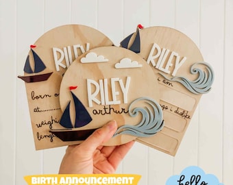 Digital Birth Announcement Set in SURF | Laser Cut file | Baby Name | Birth Details Sign | Monthly + Milestone Plaques |Small Biz SVG Bundle