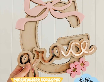 Personalised Scalloped Letter Door Plaque - BOW LETTERS A-M | Laser File | Acrylic Bow & Flowers | Cherry | Nursery Decor | Kids Door Sign
