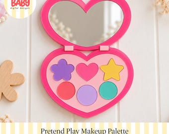 Könnte beinhalten: Ein herzförmiger Kompaktspiegel und eine Make-up-Palette mit einem leuchtend pinken Rahmen. Die Palette enthält sechs bunte Pfännchen in Form einer lila Blume, eines pinken Herzens, eines gelben Sterns, eines roten Kreises, eines helllila Kreises und eines türkisen Kreises.