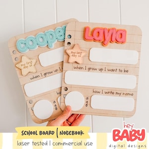 May include: Two wooden school boards with lined paper patterns. One board features the name Cooper in light blue, the other Layia in pink. Both include star-shaped cutouts labeled my first day of or my last day of, plus blank spaces for age, name writing, and career goals.
