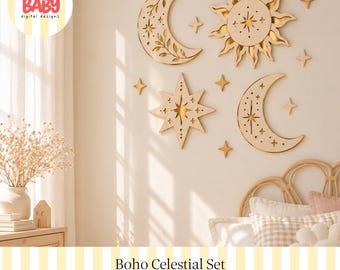 Boho-Himmels-Set-Bundle (SVG) | Digitale Datei | Kinderzimmerdeko | Wanddekoration mit Sonne, Stern und Mond | Acryl-Mehrschichtdesign | Spiegeldesign mit Guckloch