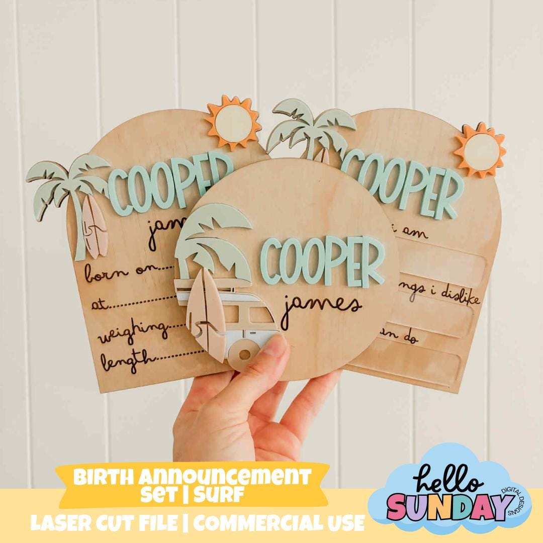Digital Birth Announcement Set in SURF | Laser Cut File | Baby Name ...