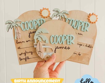 Digital Birth Announcement Set in SURF | Laser Cut file | Baby Name | Birth Details Sign | Monthly + Milestone Plaques |Small Biz SVG Bundle