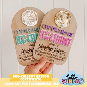 Puede incluir: Dos certificados de Pascua de madera con el texto "Certificate of Egg-Cellence". Uno tiene texto azul y verde, el otro texto morado y rosa. Cada certificado tiene una pegatina "Official Easter Bunny Seal of Approval".