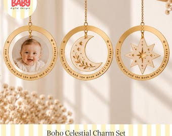 Boho-Himmelsanhänger-Set (SVG) | Digitale Datei | Erinnerungsstück fürs Kinderzimmer | Sonne, Stern, Mond | Acryl-Mehrschichtdesign | Spiegeldesign mit Guckloch