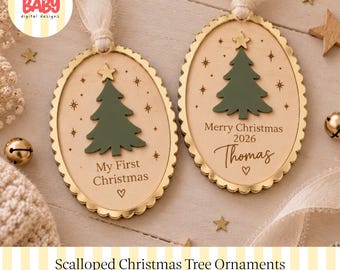 Weihnachtsbaumschmuck mit Muschelrahmen (SVG) | Digitale Datei | Erinnerungsstück für Kinder | Weihnachtszauber | Personalisierte Kugel | Trend | Baum