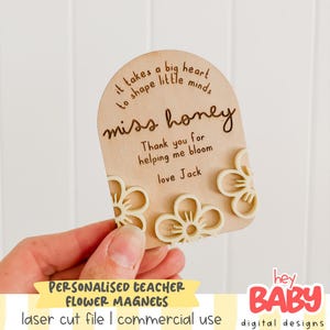 May include: A wooden teacher appreciation magnet with the text "it takes a big heart to shape little minds" and "miss honey". The magnet has three flower cutouts and the message "Thank you for helping me bloom love Jack".