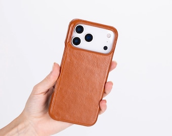 Full-Grain Leather iPhone 17 Pro Max Case: Brown MagSafe, Suede Interior, Handmade Protection