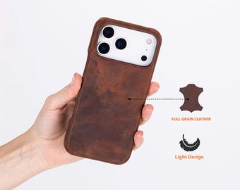 Full-Grain Leather iPhone 17 Pro Max Case: Engraved, MagSafe, Suede Interior, Mothers Day Gift