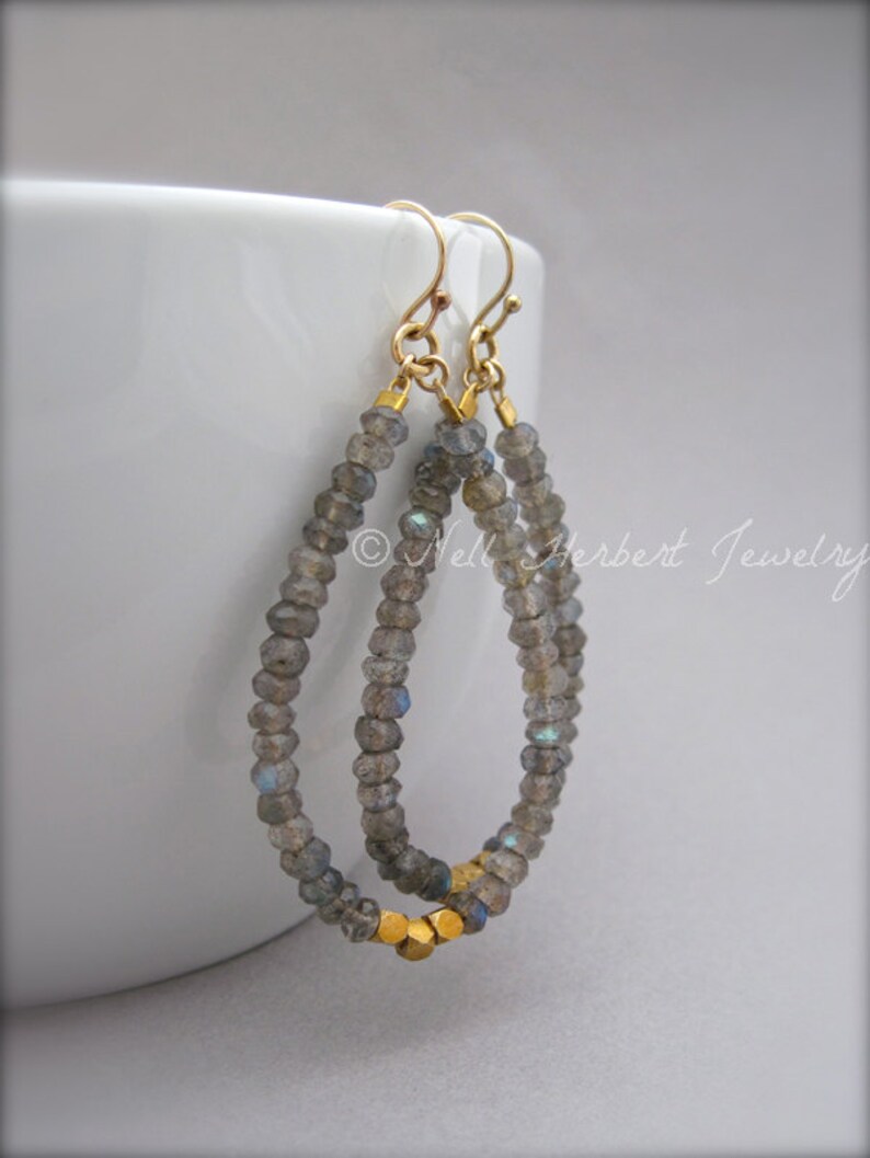 Labradorite and Gold Bead Gemstone Hoop Earrings Blue Gray Etsy