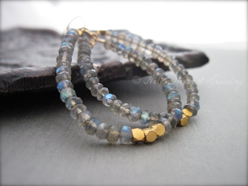 Labradorite and Gold Bead Gemstone Hoop Earrings Blue Gray Etsy