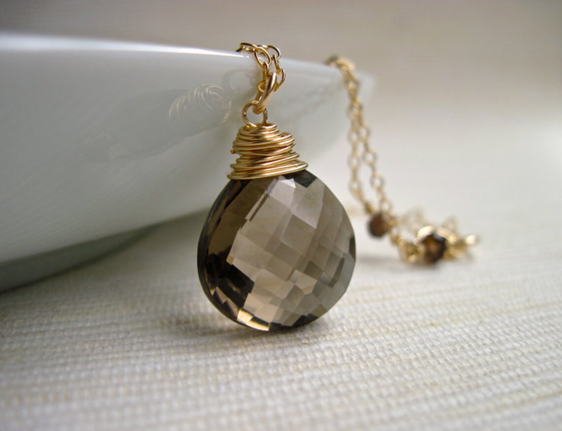 Gemstone Necklace Smoky Quartz Teardrop Pendant Necklace Wire Etsy