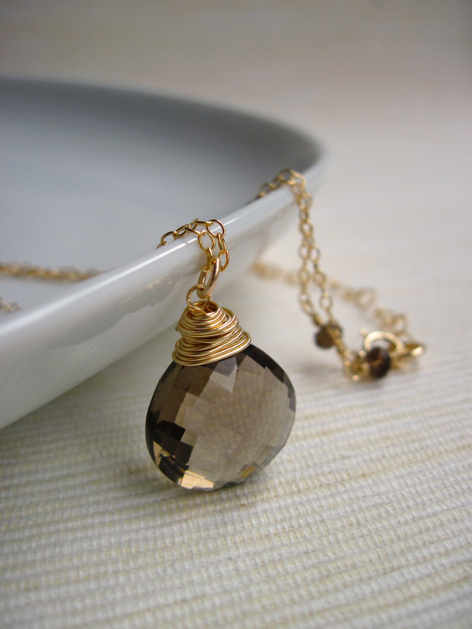 Gemstone Necklace Smoky Quartz Teardrop Pendant Necklace Wire Etsy