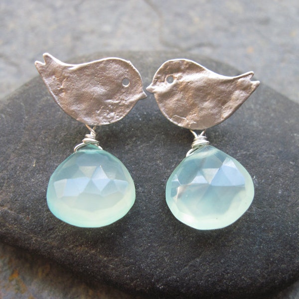 Silver Bird and Aqua Chalcedony Post Earrings, Cute Bird and Blue Stone Stud Earrings, Chalcedony Jewelry