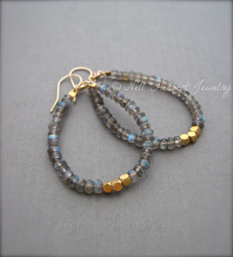 Labradorite and Gold Bead Gemstone Hoop Earrings Blue Gray Etsy