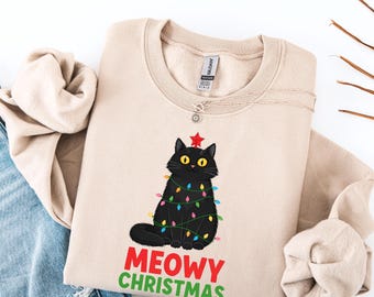 Meowy Christmas Shirt, Cat Christmas Sweatshirt, Cat Lover Xmas T-Shirt, Christmas Cat Mom Sweater, Catmas Gift For New Year, Xmas Crewneck