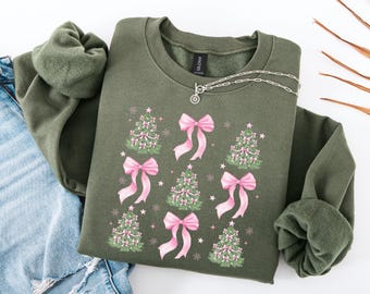 Coquette Bow Christmas Sweatshirt, Christmas Tree Shirt, Christmas Sweatshirt, Girly Christmas Sweater, Coquette Bow Sweater