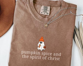 Christian Halloween Shirt, Cute Ghost Pumpkin Spice Coffee, Fall Jesus Shirts, Bible Verse Shirt, Trick or Treat Womens Faith Apparel Gift