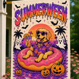 May include: A rectangular garden flag featuring the text SUMMERWEEN in a dripping purple and orange font. A golden retriever wearing sunglasses and a floral shirt sits in a pink donut floatie, holding a tropical drink. Ghosts, bats, and jack-o'-lanterns surround the dog against a sunset background.
