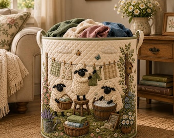 Sheep Quilted Laundry Basket, Cottagecore Storage Bin, Farmhouse Sheep Decor, Floral Organizer Hamper, Lamb Lover Gift ARD-OFZ11