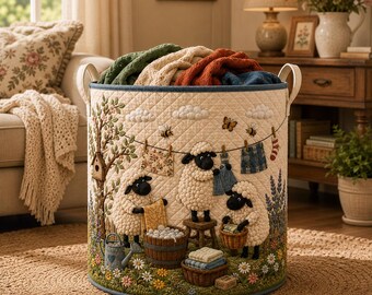 Sheep Quilted Laundry Basket, Farmhouse Storage Bin, Cottagecore Sheep Decor, Laundry Day Organizer, Lamb Lover Gift ARD-OFZ12