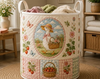 Vintage Floral Goose Quilted Laundry Basket, Cottagecore Goose Toy Storage Bin, Strawberry Nursery Hamper, Cute Farmcore Aesthetic SRD-WXM44