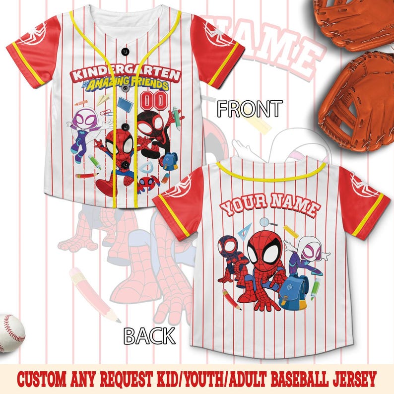 May include: A white baseball jersey with red pinstripes and red sleeves featuring Spidey and His Amazing Friends graphics. The front displays the text Kindergarten Amazing Friends and the back features the text Your Name with character illustrations.