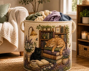 Cat Quilted Laundry Basket, Book Lover Storage Bin, Reading Cat Decor, Cottagecore Organizer Hamper, Cat Lover Gift ARD-OFZ09