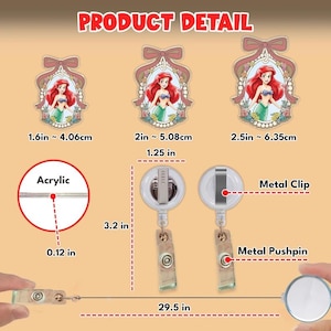 Puede incluir: Tres portatarjetas de acr&iacute;lico con Ariel en marcos ovalados con lazos, de 4,06 cm, 5,08 cm y 6,35 cm. Incluye un carrete de 8,13 cm con clip y pin met&aacute;lico, 0,3 cm de grosor de acr&iacute;lico y 74,93 cm de longitud de cord&oacute;n retr&aacute;ctil.