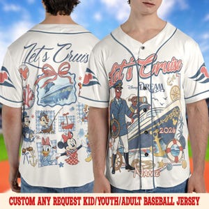 May include: White baseball jersey with a nautical theme, featuring the text "Let's Cruise" and Disney characters. The front displays a cruise ship with Spider-Man in a captain's uniform. The back has a ship illustration and various Disney characters.