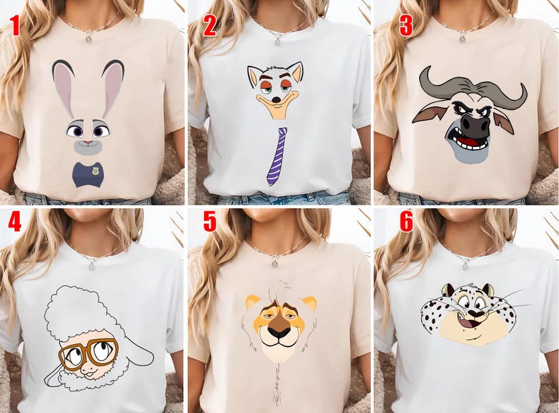 May include: A collection of six t-shirts featuring cartoon animal characters. The designs include a rabbit, a fox with a purple tie, a buffalo, a sheep with glasses, a lion, and a leopard. The shirts are in various colors.
