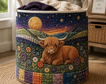 Highland Cow Quilted Laundry Bag, Rustic Farmhouse Hamper Basket, Patchwork Floral Storage Bin, Country Laundry Organizer SRD-XXM01