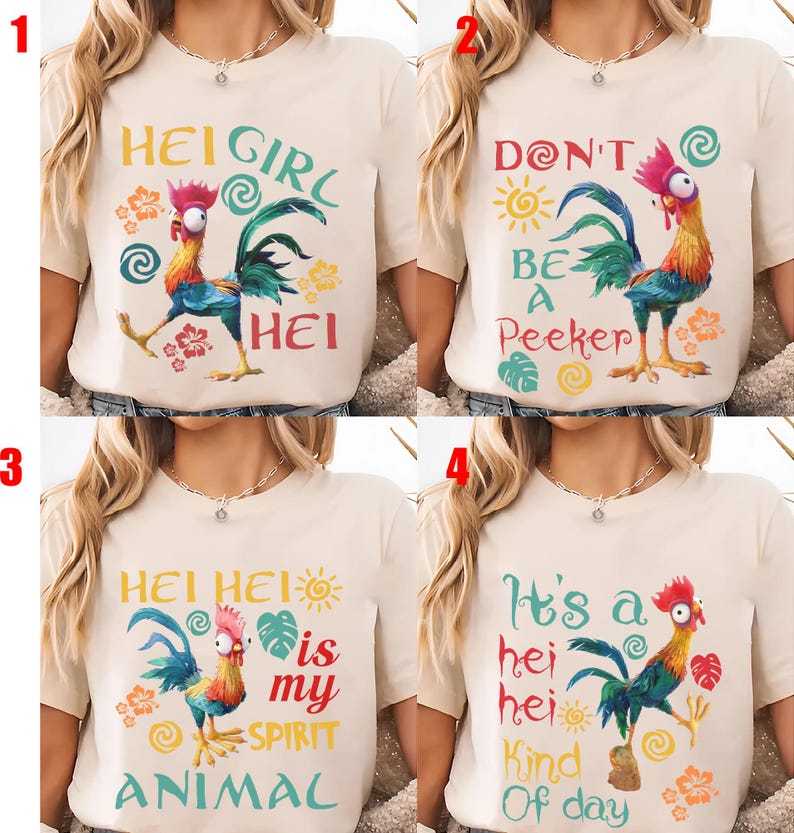 Op de afbeelding: Vier beige t-shirts met kleurrijke haan-afbeeldingen en tekst. Het eerste shirt zegt "Hei Girl Hei", het tweede zegt "Don't Be a Peeker", het derde zegt "Hei Hei is my Spirit Animal" en het vierde zegt "It's a Hei Hei Kind of Day".