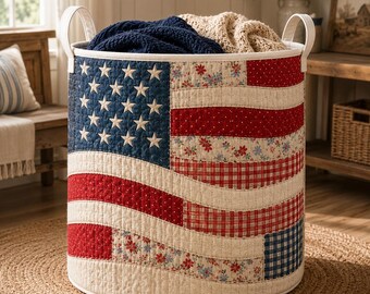 4th of July Quilted Laundry Bag, Patriotic Hamper Basket, Americana Storage Bin, Red White Blue Laundry Organizer, USA Home Decor SRD-XXM04