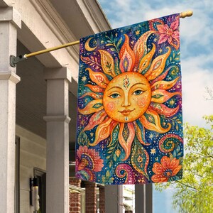 Boho Sun Celestial Garden Flag, Colorful Sun Moon Stars Yard Flag, Spiritual Bohemian Outdoor Decor UOXG09