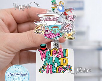 Vintage Alice In Wonderland Characters Badge Reel,Funny Cheshire Cat Mad Hatter Badge, Retractable ID Badge Holder, Disney Badge Gift UOZW06