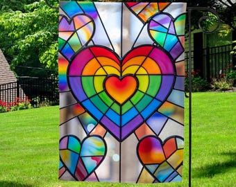 Rainbow Heart Stained Glass Garden Flag, Pride Flag, LGBTQ+ Ally Flag, Inclusive LGBT Flag, Vintage Distressed Pride Flag AYCR07