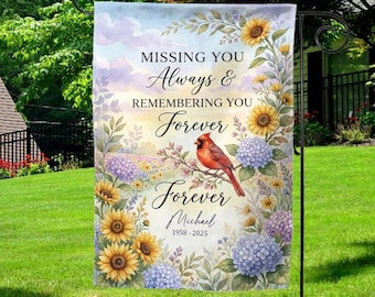 Bandera conmemorativa personalizada para jardín, bandera para casa con nombre personalizado "Siempre amado, nunca olvidado", estandarte floral de recuerdo cardenal AYB121
