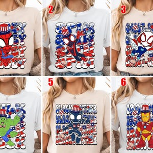 K&ouml;nnte beinhalten: Sechs T-Shirts mit Superhelden-Designs, jedes mit einem anderen Charakter wie Spider-Man, Ghost-Spider, Hulk, Black Panther und Iron Man. Die Designs enthalten patriotische Elemente und Text, mit einem rot-wei&szlig;-blauen Farbschema.